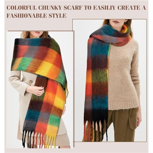 Womens winter plaid scarf oversized blanket wrap warm thick soft shawl scarf - Picture 3 of 7